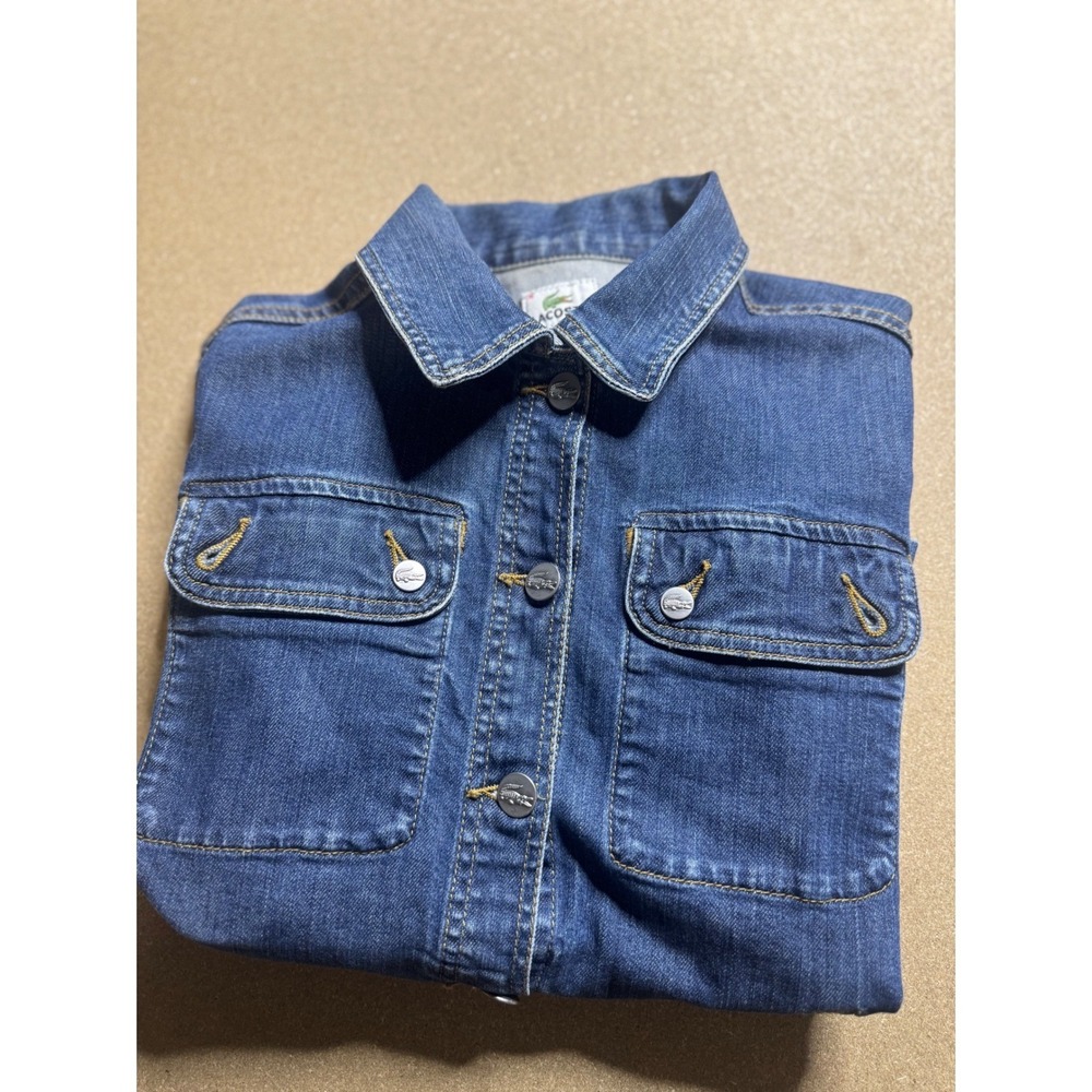 Lacoste Denim‎ Jacket Women size 36 Shirt Jacket Long Sleeve Button Up Dark Wash
